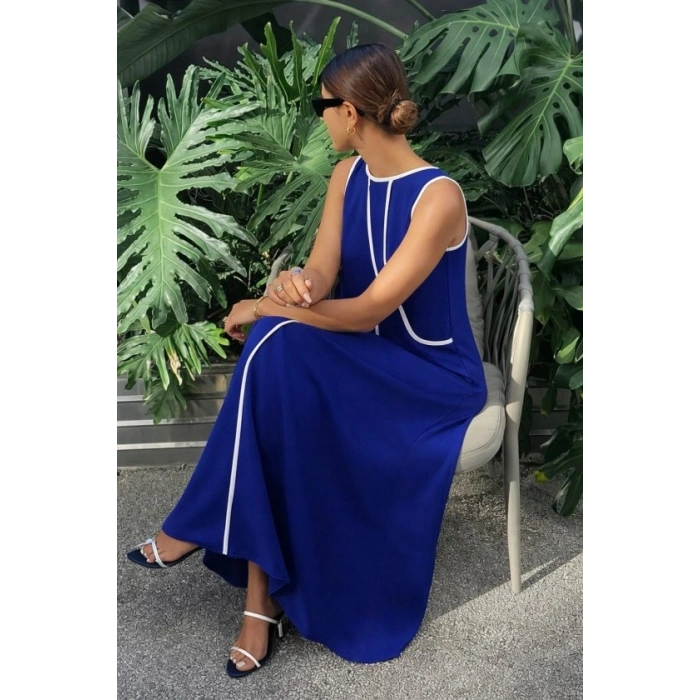 MARSiLYAN- Kadın Omuzlardan Açık Yaka Ince şerit Detaylı Uzun Viskon Elbise