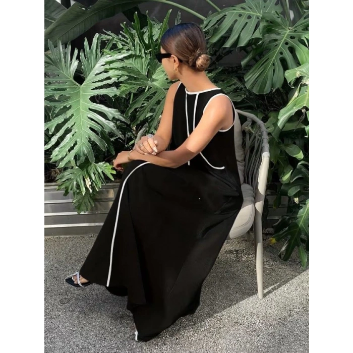 MARSiLYAN- Kadın Omuzlardan Açık Yaka Ince şerit Detaylı Uzun Viskon Elbise