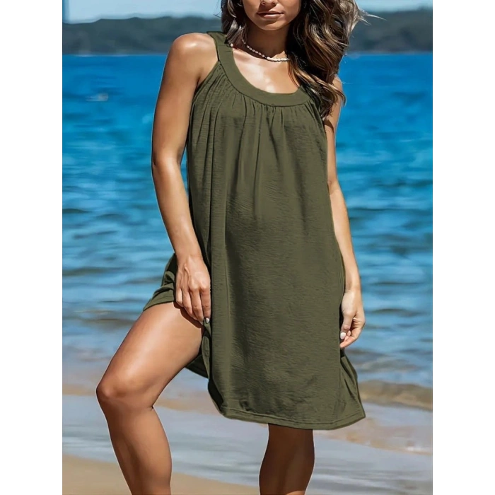 MARSiLYAN- Kadın Omuzlardan Açık Yuvarlak Yaka Pileli Viskon Elbise