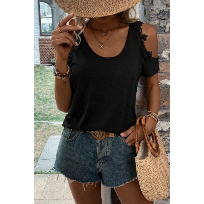 MARSiLYAN- Kadın Omuzlardan Açık Yuvarlak Yakalı Viskon Bluz