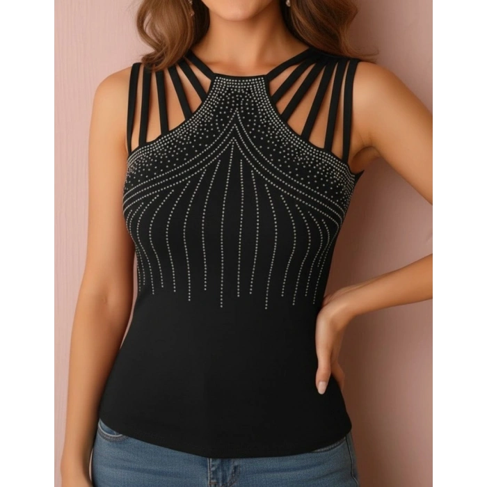 MARSiLYAN- Kadın Omuzlardan Askı şerit Detaylı Taşlı Viskon Bluz