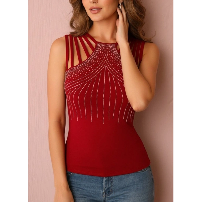 MARSiLYAN- Kadın Omuzlardan Askı şerit Detaylı Taşlı Viskon Bluz