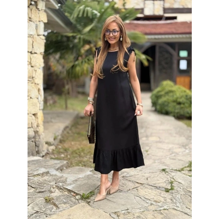 MARSiLYAN- Kadın Omuzlardan Büzgülü Kayık Yaka Fırfırlı Janjan Krep Elbise