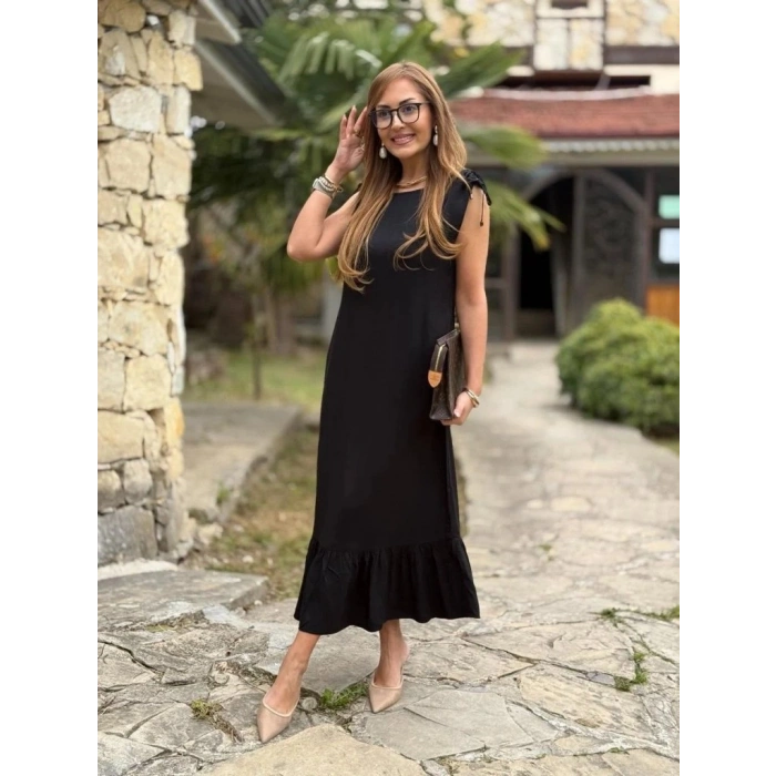 MARSiLYAN- Kadın Omuzlardan Büzgülü Kayık Yaka Fırfırlı Janjan Krep Elbise