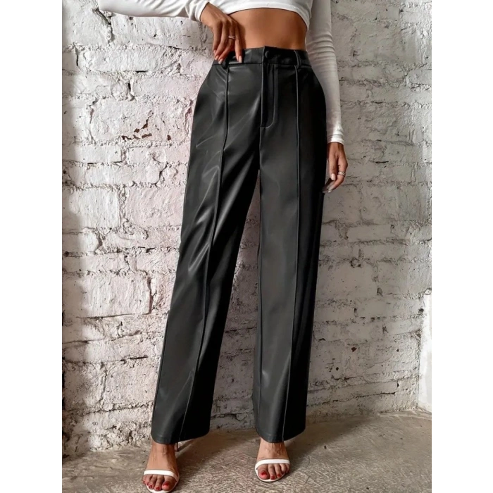 MARSiLYAN- Kadın önden Fermuarlı Cepli Geniş Kesim Lame Deri Pantolon