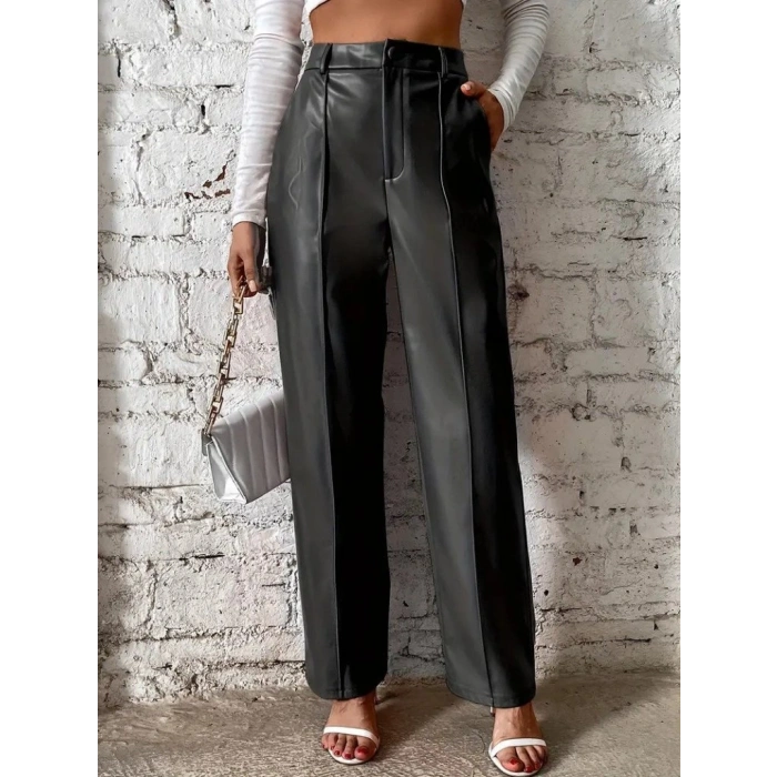 MARSiLYAN- Kadın önden Fermuarlı Cepli Geniş Kesim Lame Deri Pantolon