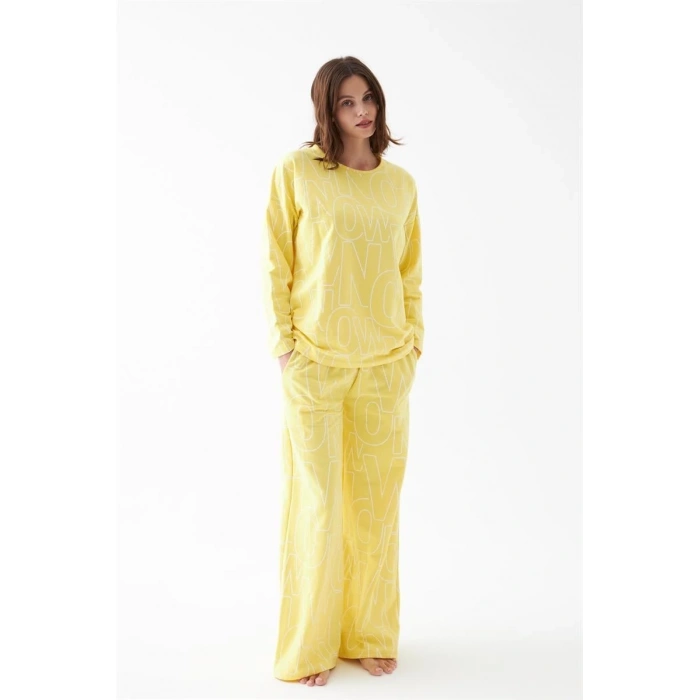 MARSiLYAN- Kadın Oversize Sarı Desenli Pamuklu Kalın Pijama Takımı