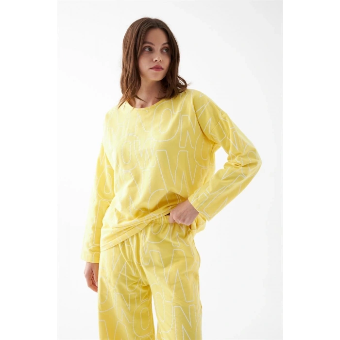 MARSiLYAN- Kadın Oversize Sarı Desenli Pamuklu Kalın Pijama Takımı