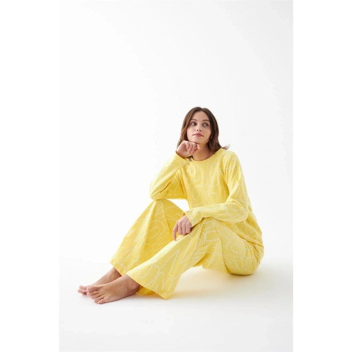 MARSiLYAN- Kadın Oversize Sarı Desenli Pamuklu Kalın Pijama Takımı