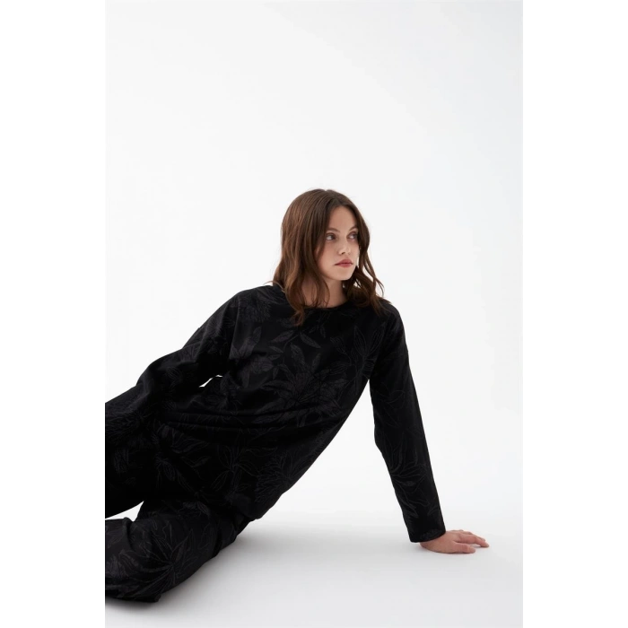 MARSiLYAN- Kadın Oversize Siyah Çiçek Desenli Pamuklu Kalın Pijama Takımı