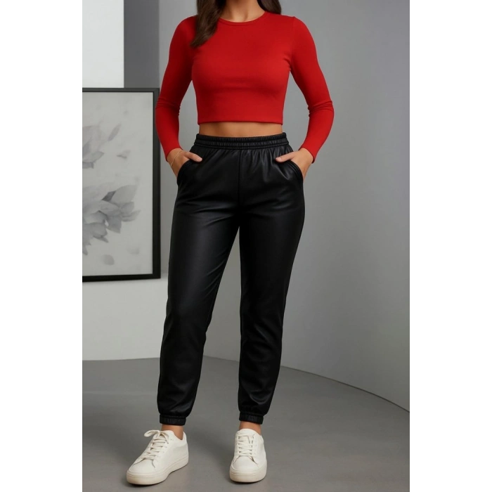 MARSiLYAN- Kadın Paçası Lastikli Cep Detaylı Deri Tayt