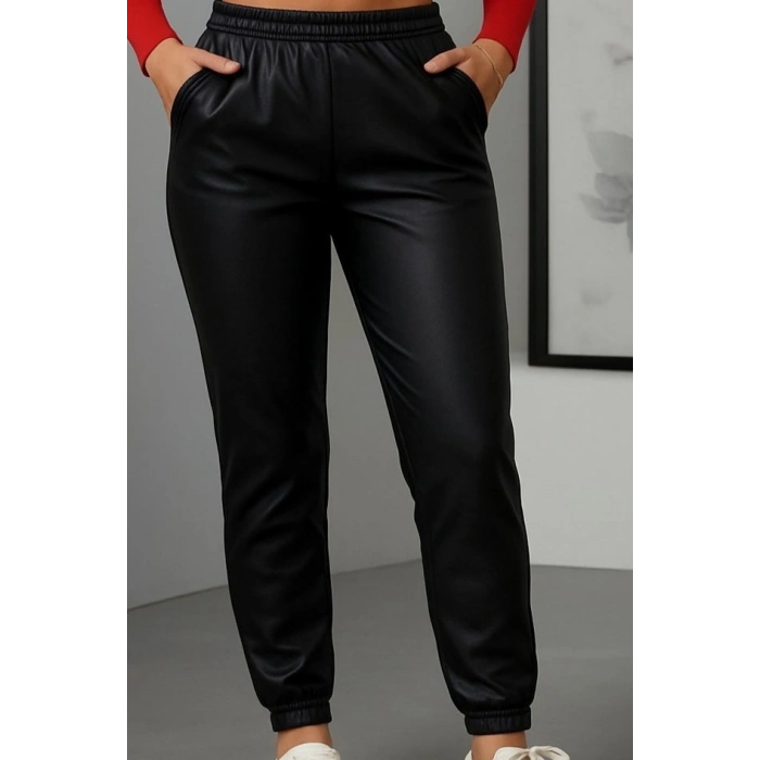 MARSiLYAN- Kadın Paçası Lastikli Cep Detaylı Deri Tayt