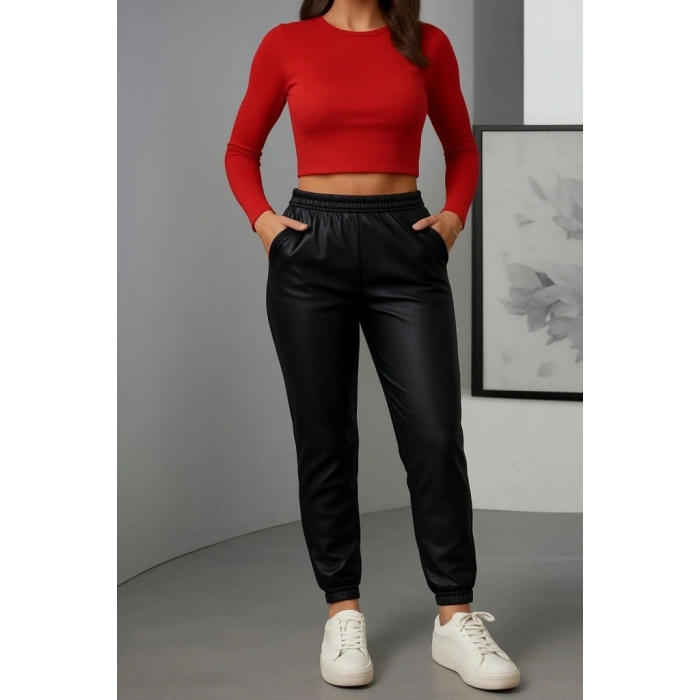 MARSiLYAN- Kadın Paçası Lastikli Cep Detaylı Deri Tayt