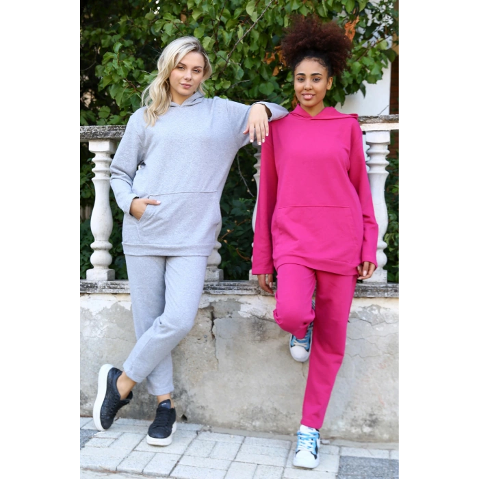 MARSiLYAN- Kadın Pamuk Kapşonlu Cepli 3 İplik Gri Eşofman Takım