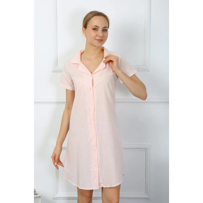 MARSiLYAN- Kadın Pamuk Keten Kısa Kol Düğmeli Pudra Tunik Gecelik