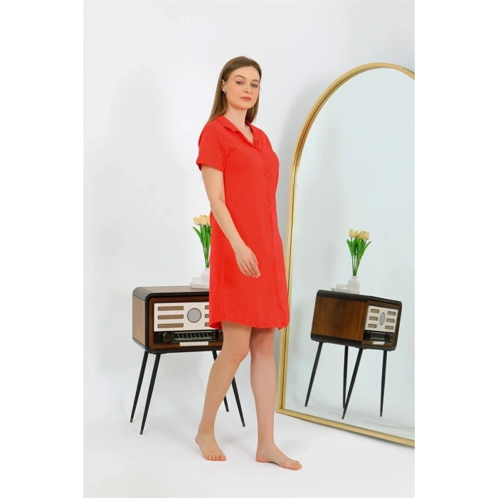 MARSiLYAN- Kadın Pamuk Penye Kısa Kol Düğmeli Kırmızı Tunik Gecelik