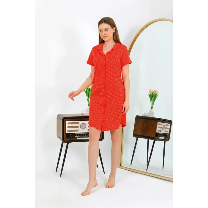 MARSiLYAN- Kadın Pamuk Penye Kısa Kol Düğmeli Kırmızı Tunik Gecelik