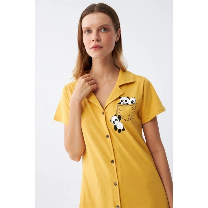 MARSiLYAN- Kadın Pamuk Penye Kısa Kol Düğmeli Sarı Tunik Gecelik
