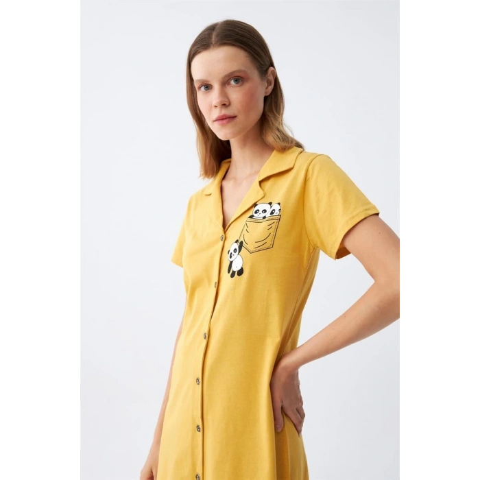 MARSiLYAN- Kadın Pamuk Penye Kısa Kol Düğmeli Sarı Tunik Gecelik