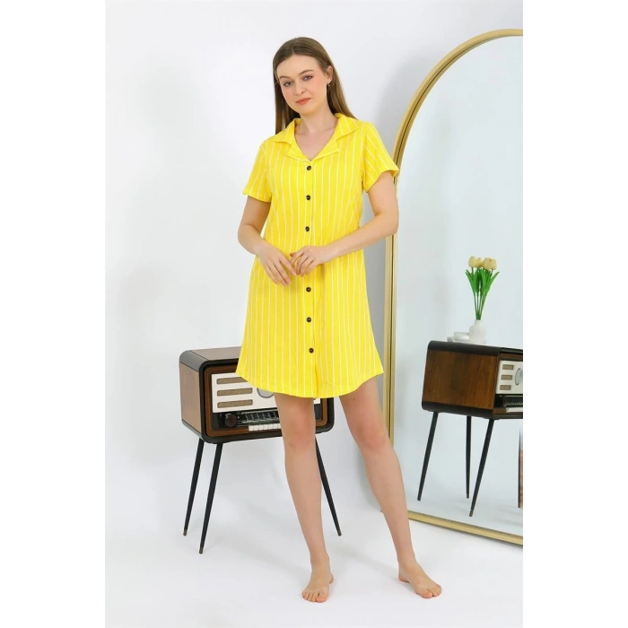 MARSiLYAN- Kadın Pamuk Penye Kısa Kol Düğmeli Sarı Tunik Gecelik