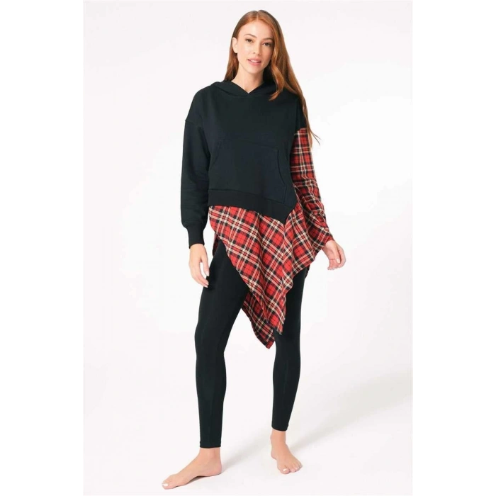 MARSiLYAN- Kadın Pamuklu Ekose Kapüşonlu Uzun Kol Sweatshirt ve Tayt Takım (9748)