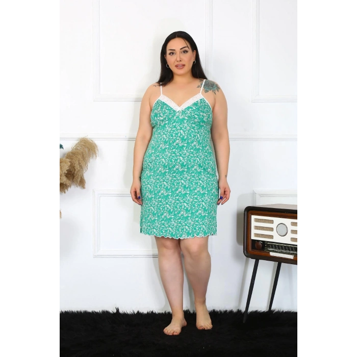 MARSiLYAN- Kadın Pamuklu İp Askılı Büyük Beden Gecelik Turkuaz