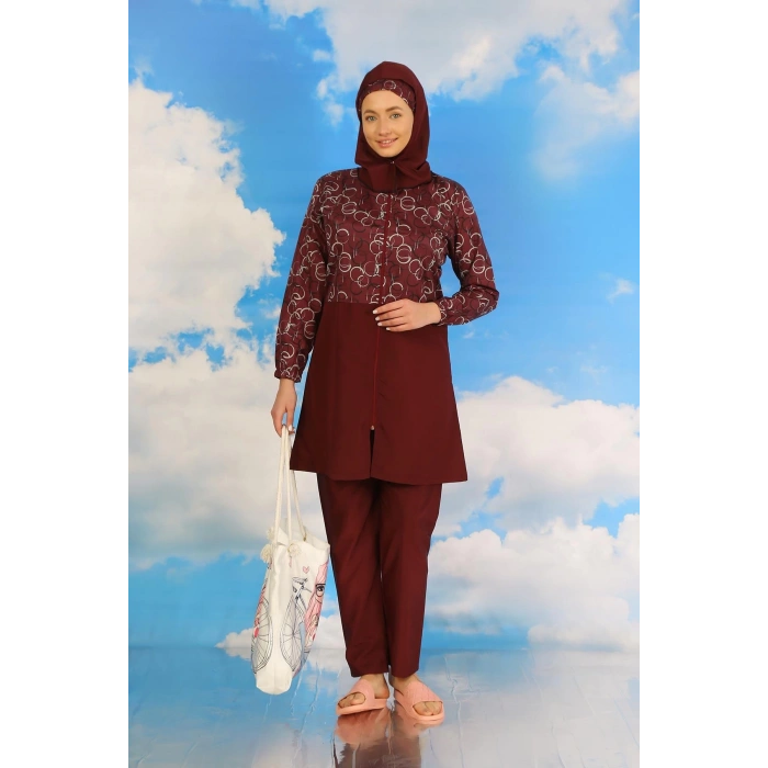 MARSiLYAN- Kadın Pantolonlu Desenli Tam Tesettür Mayo Bordo