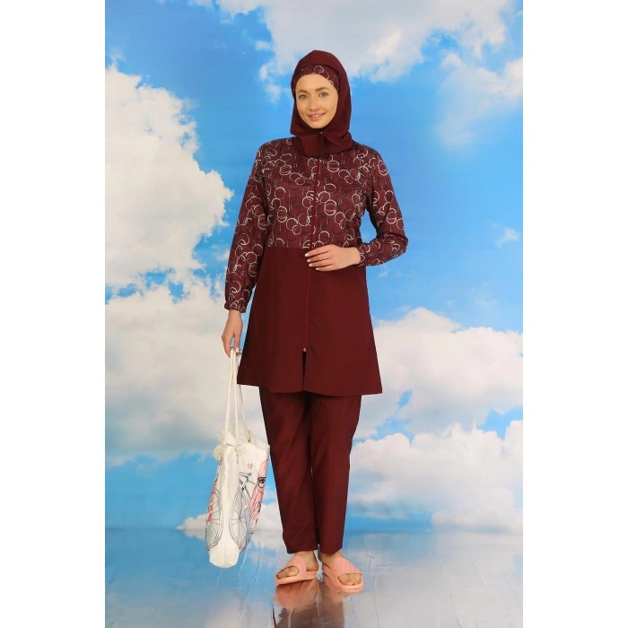 MARSiLYAN- Kadın Pantolonlu Desenli Tam Tesettür Mayo Bordo