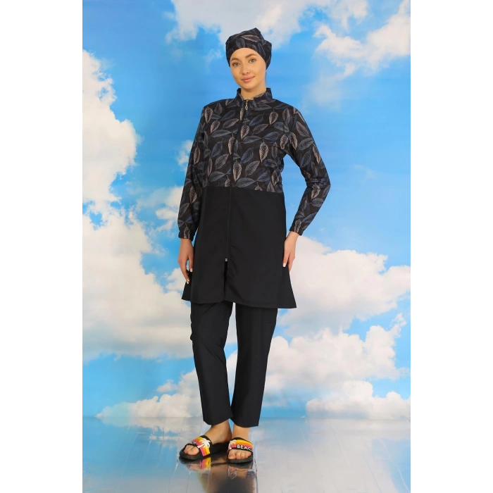 MARSiLYAN- Kadın Pantolonlu Desenli Tam Tesettür Mayo Lacivert