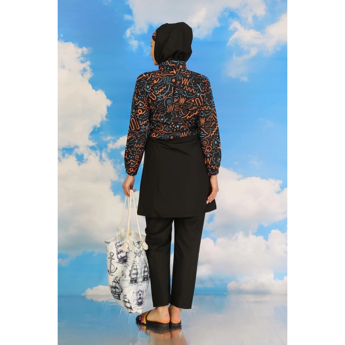 MARSiLYAN- Kadın Pantolonlu Desenli Tam Tesettür Mayo Siyah