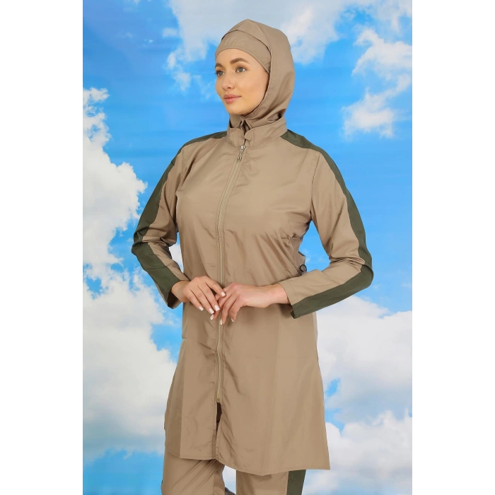 MARSiLYAN- Kadın Pantolonlu Kolu Şeritli Tam Tesettür Mayo Bej