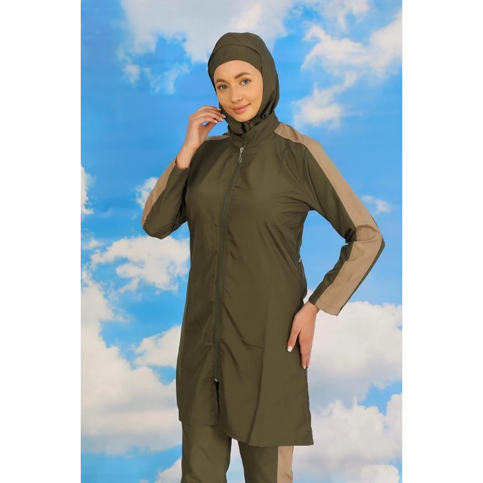 MARSiLYAN- Kadın Pantolonlu Kolu Şeritli Tam Tesettür Mayo Haki