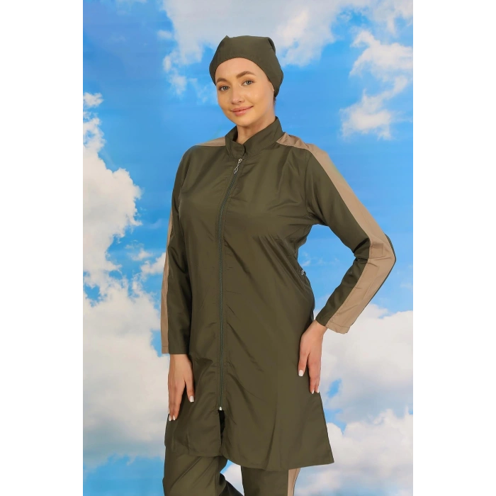 MARSiLYAN- Kadın Pantolonlu Kolu Şeritli Tam Tesettür Mayo Haki