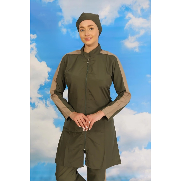 MARSiLYAN- Kadın Pantolonlu Kolu Şeritli Tam Tesettür Mayo Haki