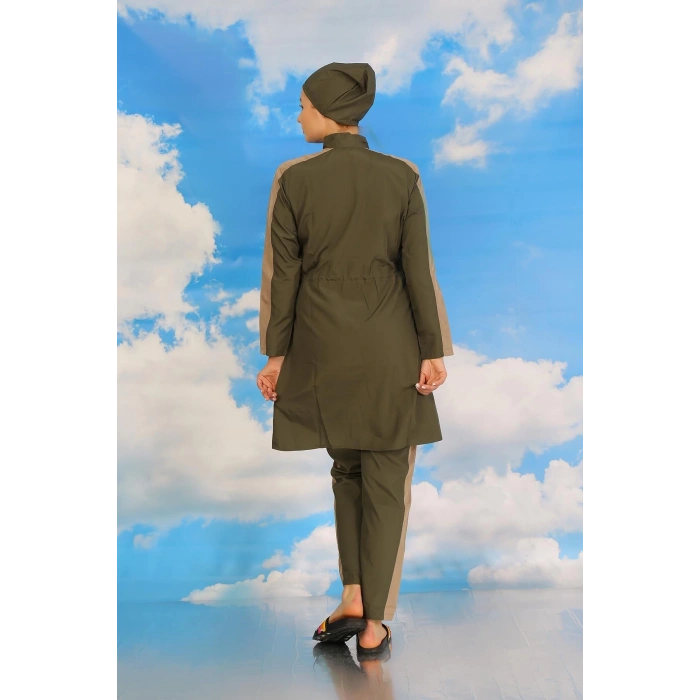 MARSiLYAN- Kadın Pantolonlu Kolu Şeritli Tam Tesettür Mayo Haki