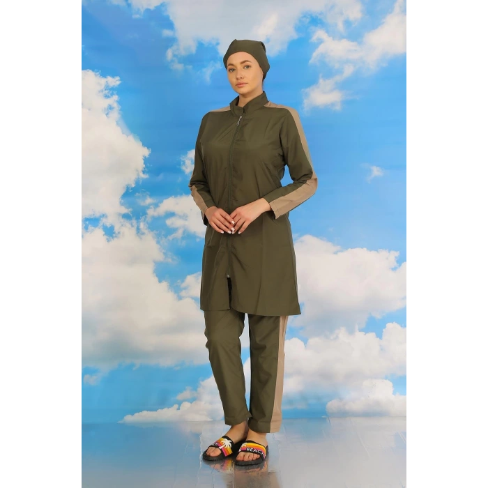 MARSiLYAN- Kadın Pantolonlu Kolu Şeritli Tam Tesettür Mayo Haki