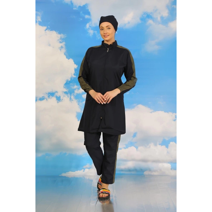 MARSiLYAN- Kadın Pantolonlu Kolu Şeritli Tam Tesettür Mayo Lacivert