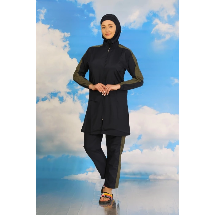 MARSiLYAN- Kadın Pantolonlu Kolu Şeritli Tam Tesettür Mayo Lacivert