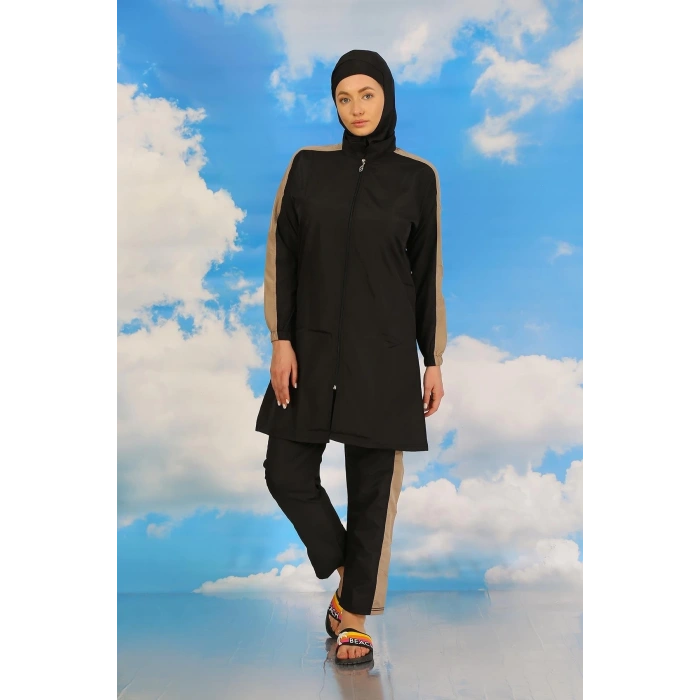 MARSiLYAN- Kadın Pantolonlu Kolu Şeritli Tam Tesettür Mayo Siyah