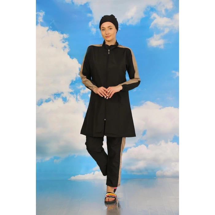 MARSiLYAN- Kadın Pantolonlu Kolu Şeritli Tam Tesettür Mayo Siyah