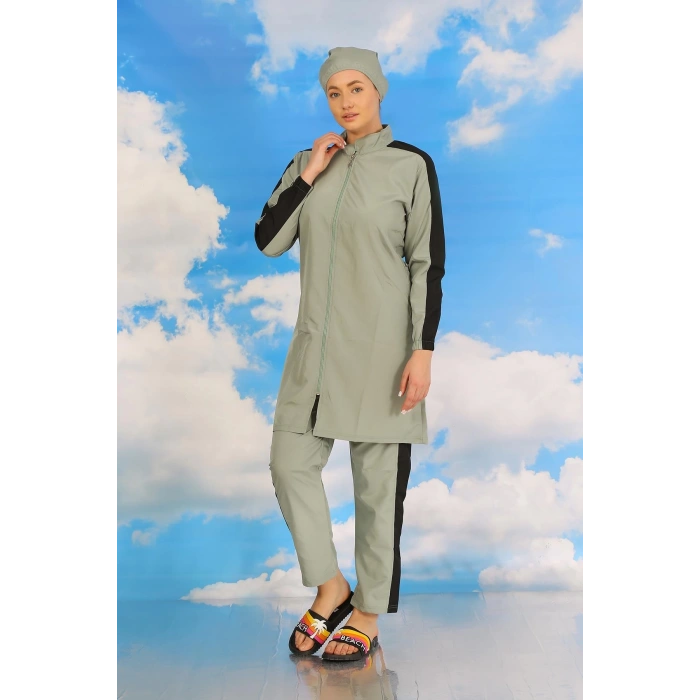 MARSiLYAN- Kadın Pantolonlu Kolu Şeritli Tam Tesettür Mayo Su Yeşili