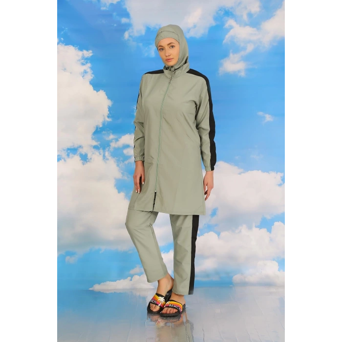 MARSiLYAN- Kadın Pantolonlu Kolu Şeritli Tam Tesettür Mayo Su Yeşili