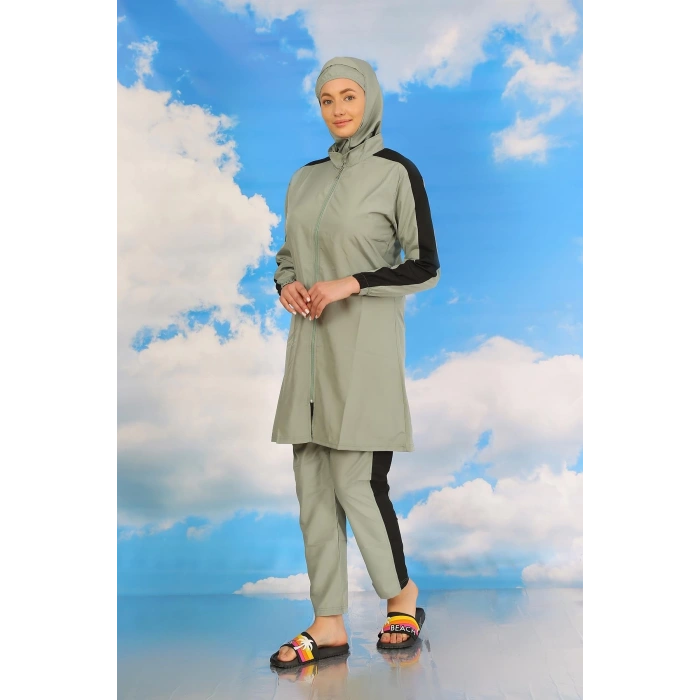MARSiLYAN- Kadın Pantolonlu Kolu Şeritli Tam Tesettür Mayo Su Yeşili