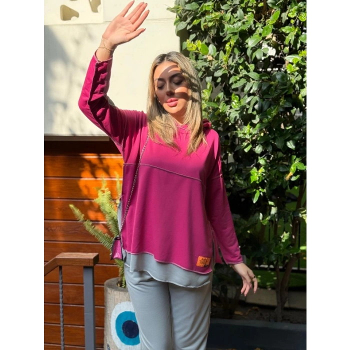 MARSiLYAN- Kadın Pembe Kapşonlu Etek Ucu Detay Arma Ters Dikiş Gorunumlu Ikili Takım