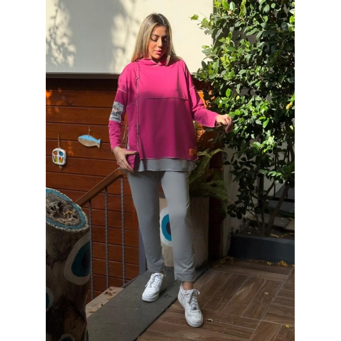 MARSiLYAN- Kadın Pembe Kapşonlu Etek Ucu Detay Arma Ters Dikiş Gorunumlu Ikili Takım