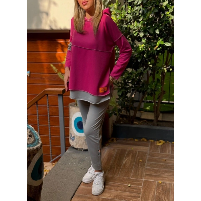 MARSiLYAN- Kadın Pembe Kapşonlu Etek Ucu Detay Arma Ters Dikiş Gorunumlu Ikili Takım