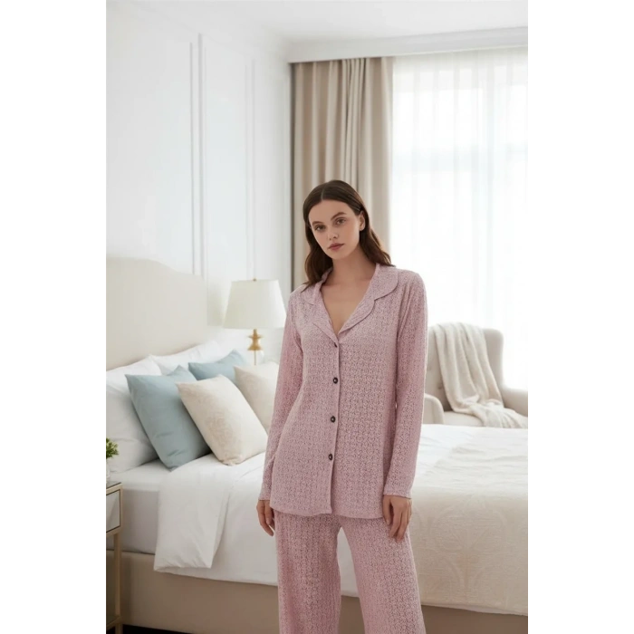MARSiLYAN- Kadın Pembe Önden Düğmeli Rahat Kesim Pijama Takımı – Günlük Ev Giyim Seti