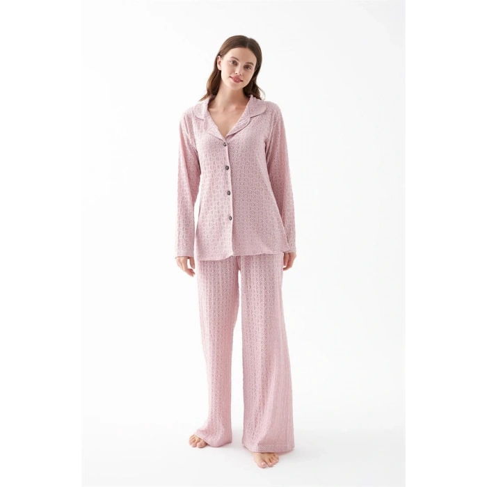 MARSiLYAN- Kadın Pembe Önden Düğmeli Rahat Kesim Pijama Takımı – Günlük Ev Giyim Seti