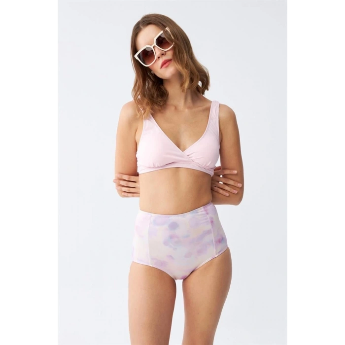 MARSiLYAN- Kadın Pembe Pedli Üst ve Pastel Desenli Yüksek Bel Bikini Takımı