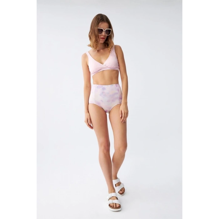 MARSiLYAN- Kadın Pembe Pedli Üst ve Pastel Desenli Yüksek Bel Bikini Takımı